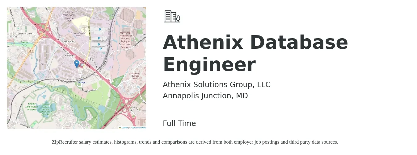 Athenix Solutions Group, LLC job posting for a Athenix Database Engineer in Annapolis Junction, MD with a salary of $109,300 to $153,800 Yearly with a map of Annapolis Junction location.