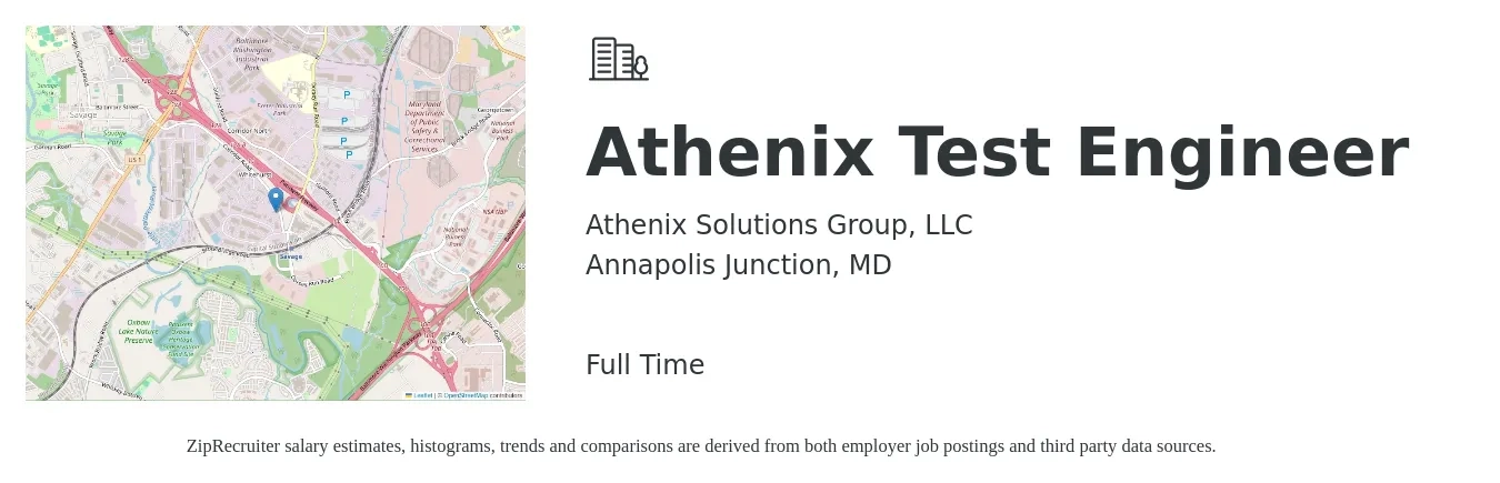 Athenix Solutions Group, LLC job posting for a Athenix Test Engineer in Annapolis Junction, MD with a salary of $38 to $60 Hourly with a map of Annapolis Junction location.