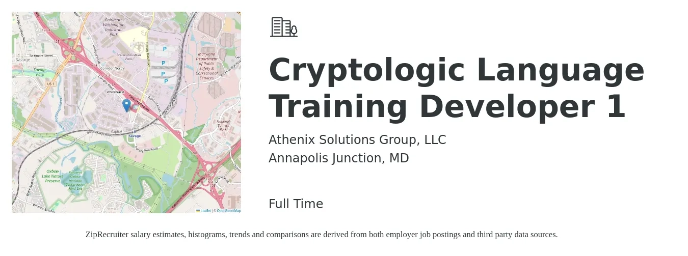 Athenix Solutions Group, LLC job posting for a Cryptologic Language Training Developer 1 in Annapolis Junction, MD with a salary of $33 to $55 Hourly with a map of Annapolis Junction location.