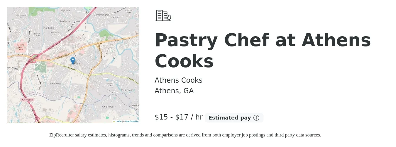 Athens Cooks job posting for a Pastry Chef at Athens Cooks in Athens, GA with a salary of $16 to $18 Hourly with a map of Athens location.
