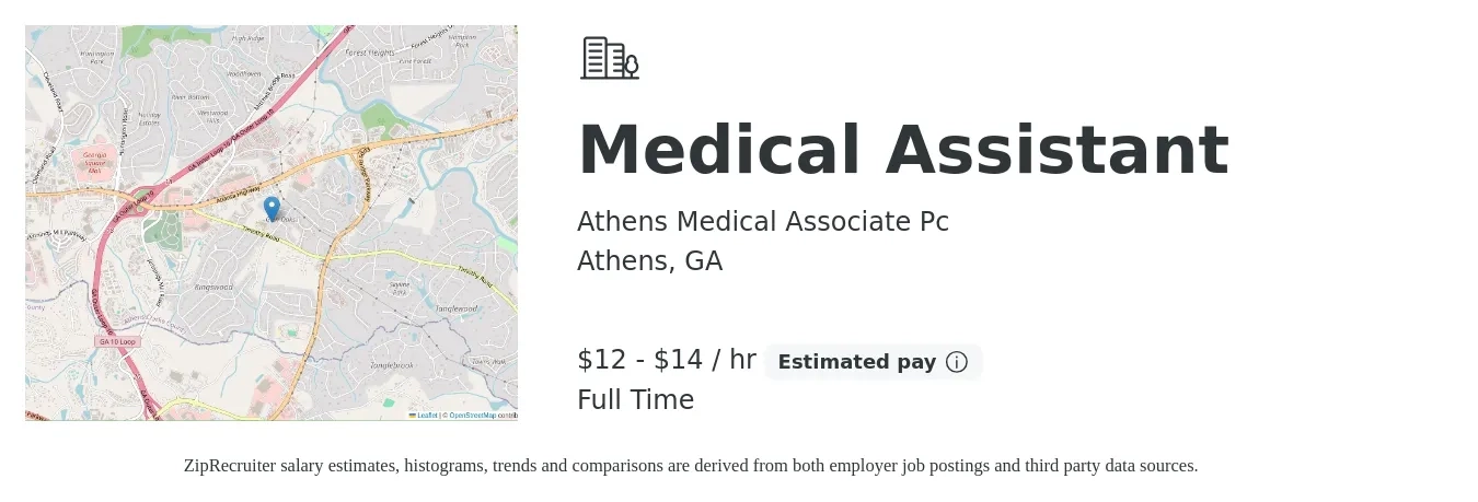 Athens Medical Associate Pc job posting for a Medical Assistant in Athens, GA with a salary of $13 to $15 Hourly with a map of Athens location.