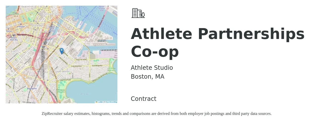 Athlete Studio job posting for a Athlete Partnerships Co-op in Boston, MA with a salary of $31 to $40 Hourly with a map of Boston location.