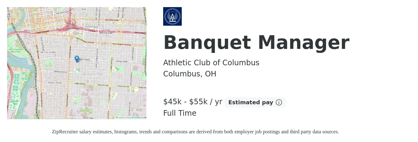 Athletic Club of Columbus job posting for a Banquet Manager in Columbus, OH with a salary of $45,000 to $55,000 Yearly with a map of Columbus location.