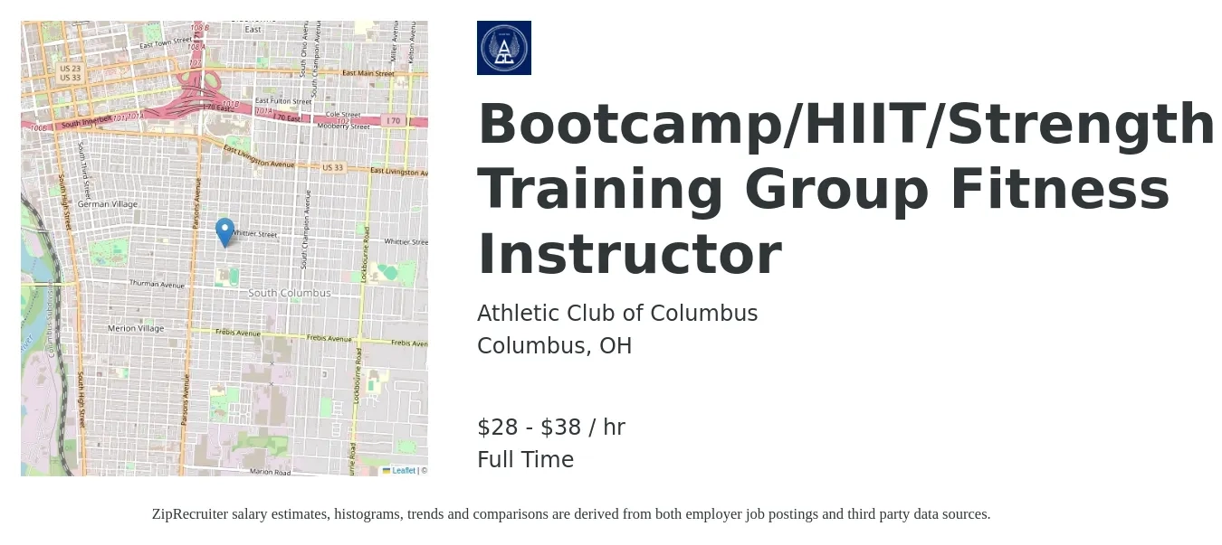Athletic Club of Columbus job posting for a Bootcamp/HIIT/Strength Training Group Fitness Instructor in Columbus, OH with a salary of $30 to $40 Hourly with a map of Columbus location.