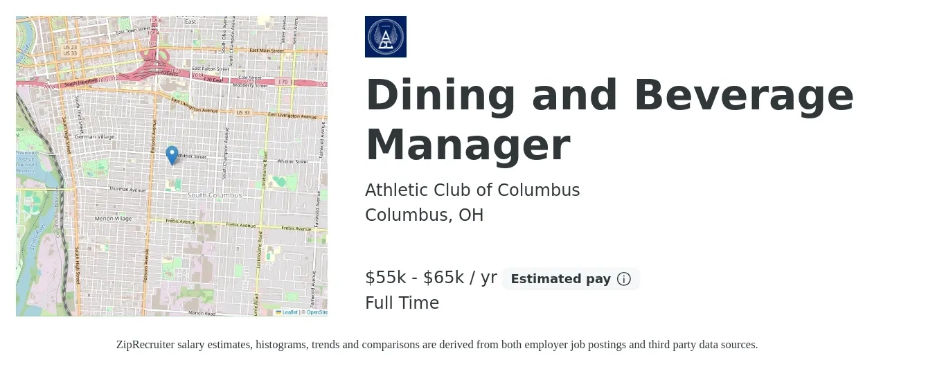 Athletic Club of Columbus job posting for a Dining and Beverage Manager in Columbus, OH with a salary of $55,000 to $65,000 Yearly with a map of Columbus location.