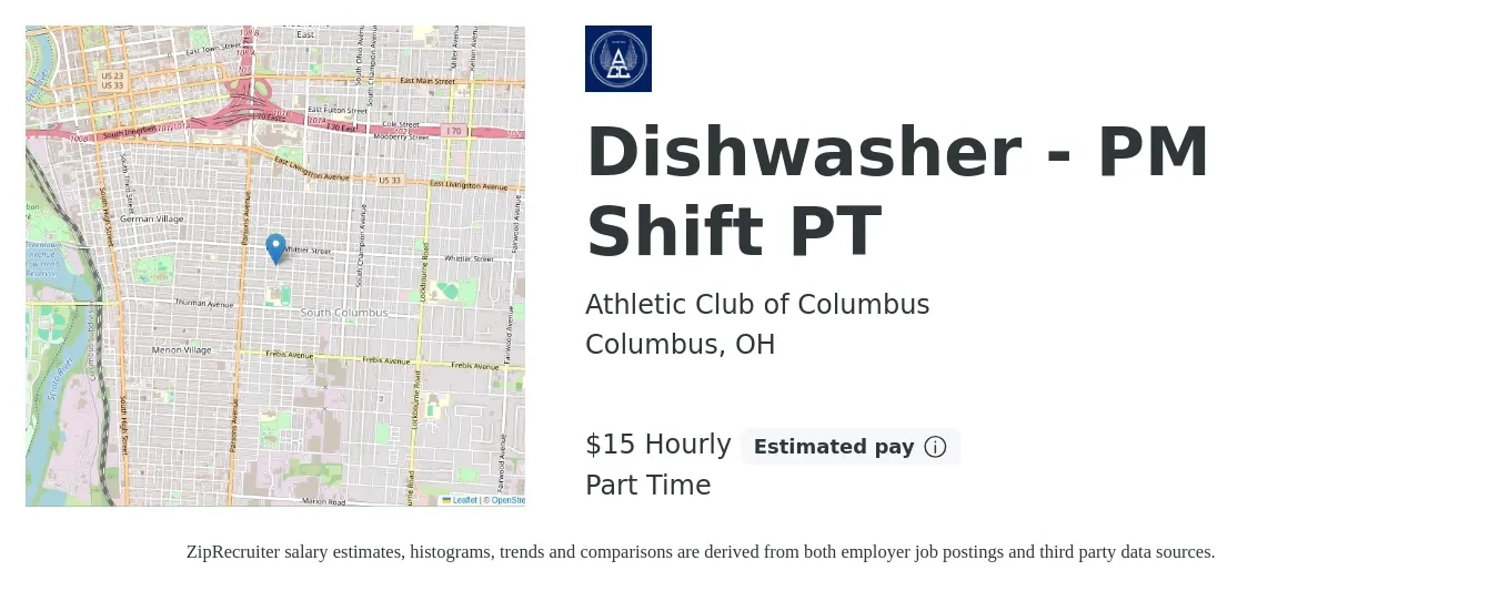 Athletic Club of Columbus job posting for a Dishwasher - PM Shift PT in Columbus, OH with a salary of $16 Hourly with a map of Columbus location.