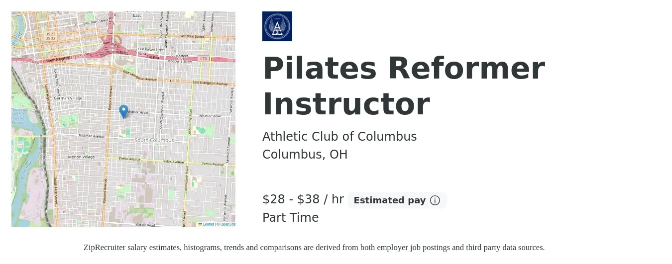 Athletic Club of Columbus job posting for a Pilates Reformer Instructor in Columbus, OH with a salary of $30 to $40 Hourly with a map of Columbus location.