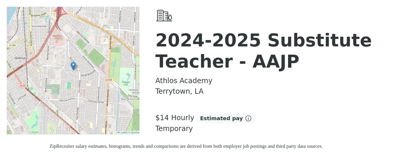 Athlos Academy job posting for a 2024-2025 Substitute Teacher - AAJP in Terrytown, LA with a salary of $15 Hourly with a map of Terrytown location.