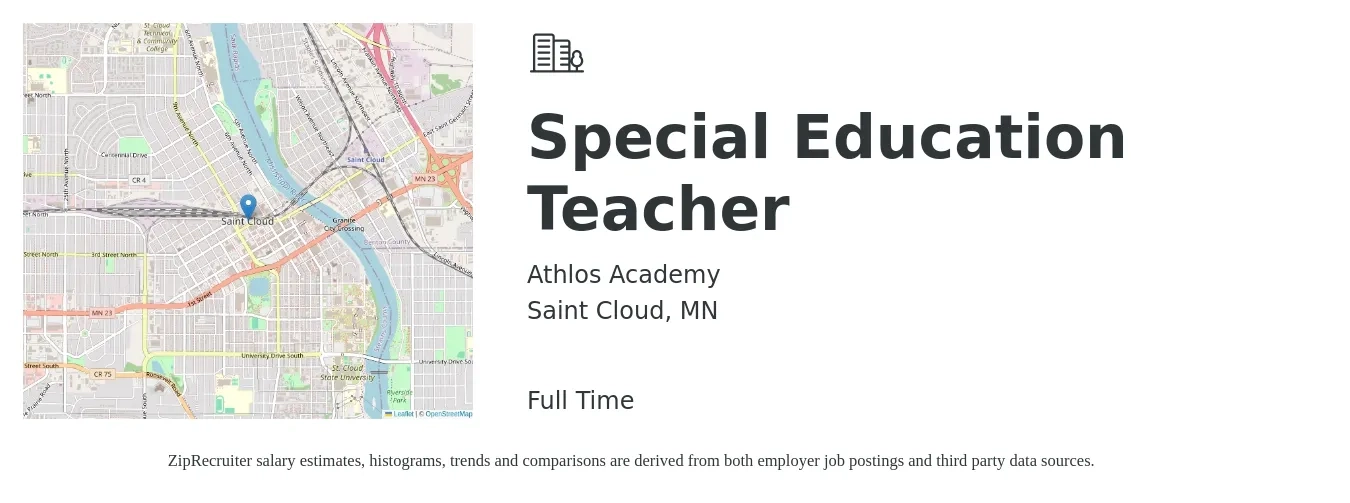 Athlos Academy job posting for a Special Education Teacher in Saint Cloud, MN with a salary of $49,500 to $65,400 Yearly with a map of Saint Cloud location.