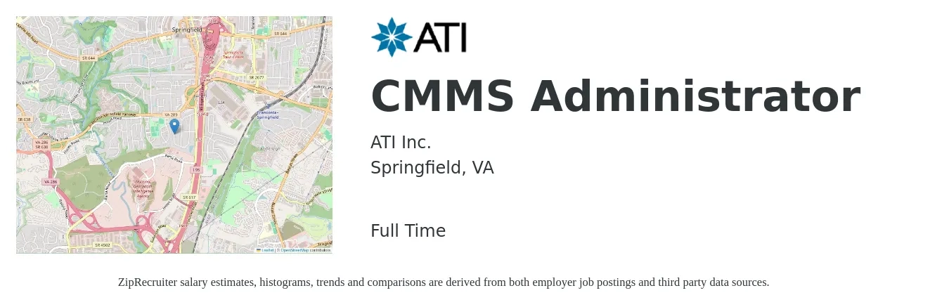 ATI Inc. job posting for a CMMS Administrator in Springfield, VA with a salary of $95,000 to $115,000 Yearly with a map of Springfield location.