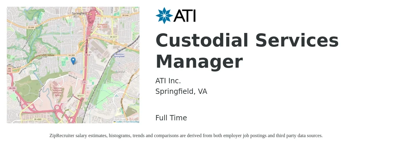 ATI Inc. job posting for a Custodial Services Manager in Springfield, VA with a salary of $90,000 to $125,000 Yearly with a map of Springfield location.