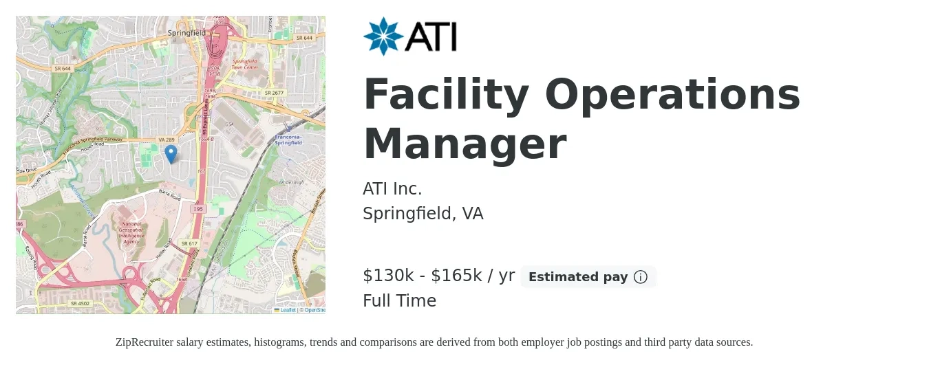 ATI Inc. job posting for a Facility Operations Manager in Springfield, VA with a salary of $130,000 to $165,000 Yearly with a map of Springfield location.