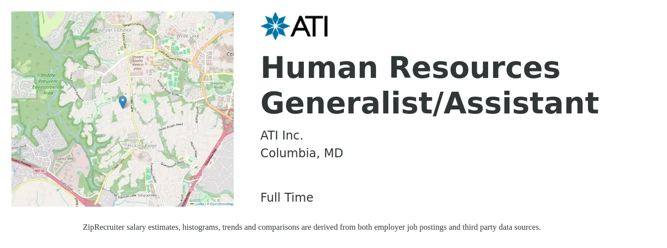 ATI Inc. job posting for a Human Resources Generalist/Assistant in Columbia, MD with a salary of $50,100 to $93,300 Yearly with a map of Columbia location.
