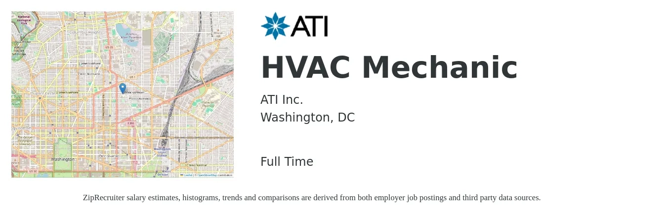 ATI Inc. job posting for a HVAC Mechanic in Washington, DC with a salary of $31 to $40 Hourly with a map of Washington location.