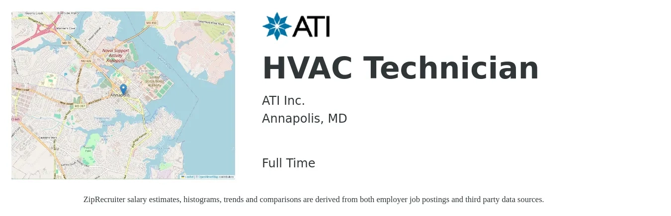 ATI Inc. job posting for a HVAC Technician in Annapolis, MD with a salary of $23 to $33 Hourly with a map of Annapolis location.