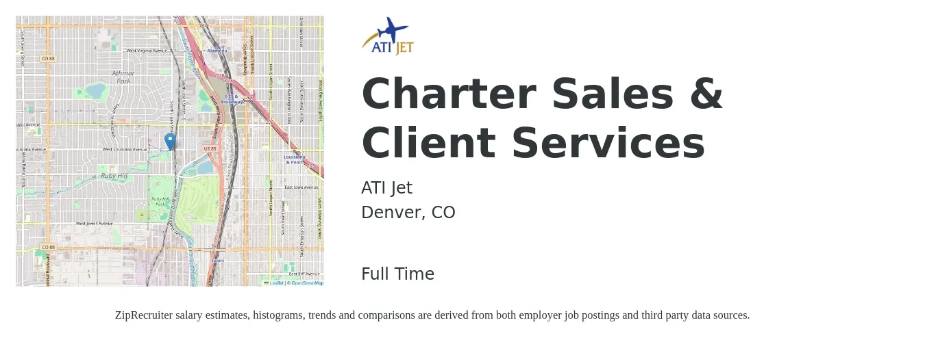 ATI Jet job posting for a Charter Sales & Client Services in Denver, CO with a salary of $5,500 Monthly with a map of Denver location.