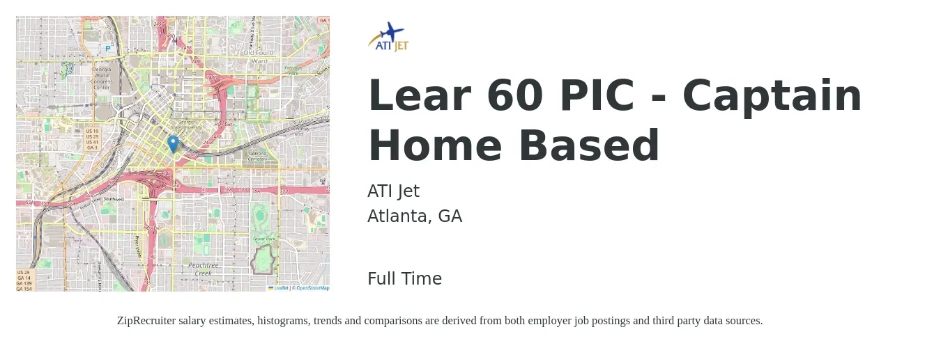 ATI Jet job posting for a Lear 60 PIC - Captain Home Based in Atlanta, GA with a salary of $165,100 to $199,300 Yearly with a map of Atlanta location.