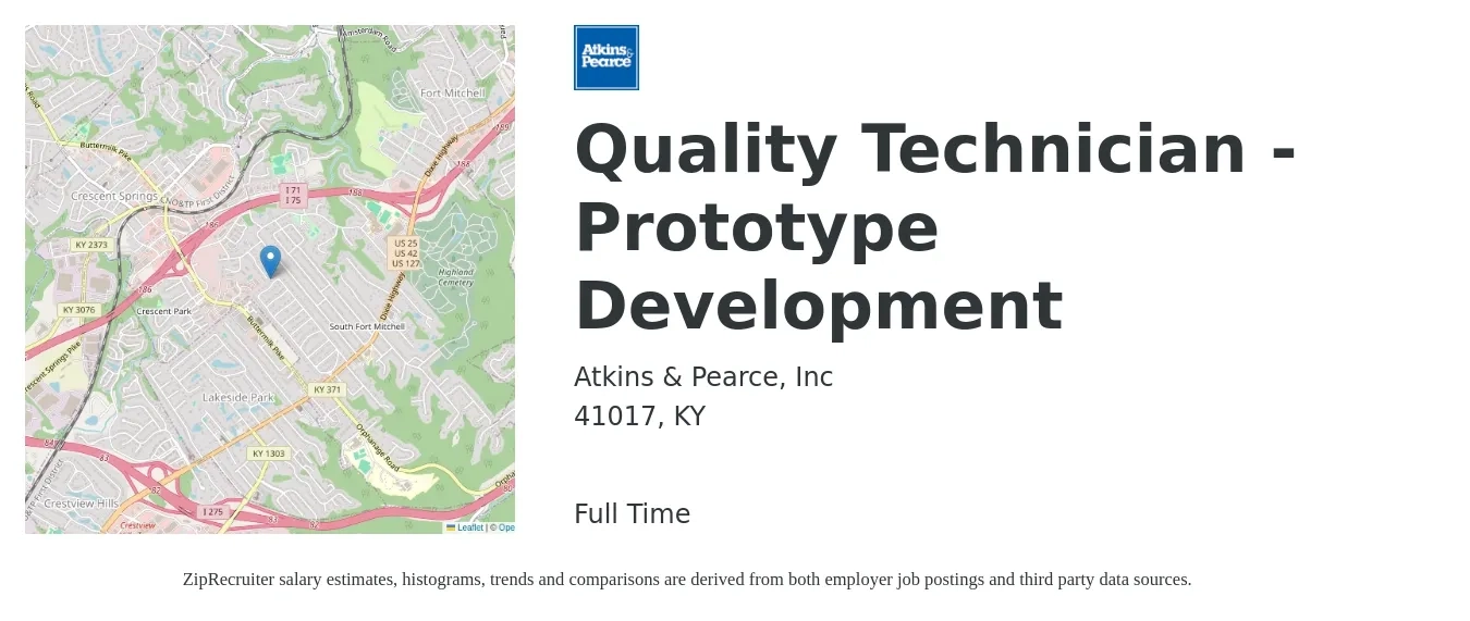 Atkins & Pearce, Inc job posting for a Quality Technician - Prototype Development in 41017, KY with a salary of $17 to $23 Hourly with a map of 41017 location.