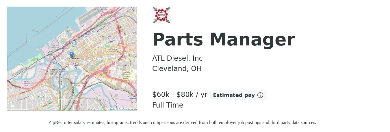 ATL Diesel, Inc job posting for a Parts Manager in Cleveland, OH with a salary of $60,000 to $80,000 Yearly and benefits including pto with a map of Cleveland location.