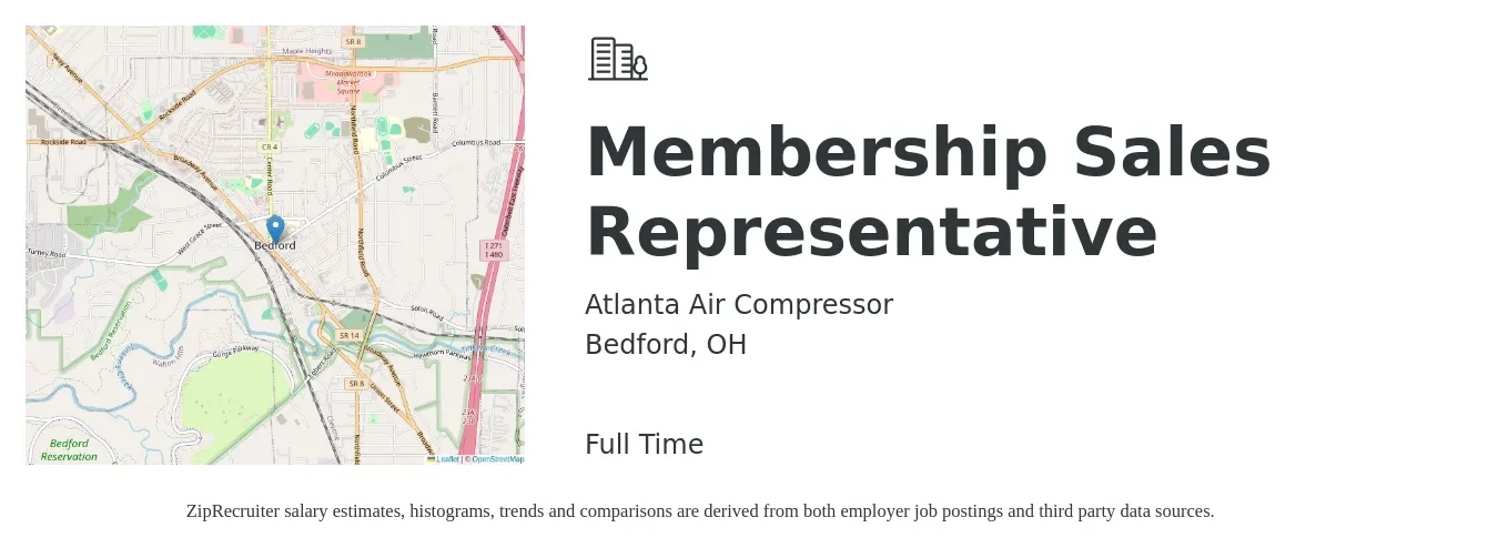 Atlanta Air Compressor job posting for a Membership Sales Representative in Bedford, OH with a salary of $60,000 to $80,000 Yearly with a map of Bedford location.