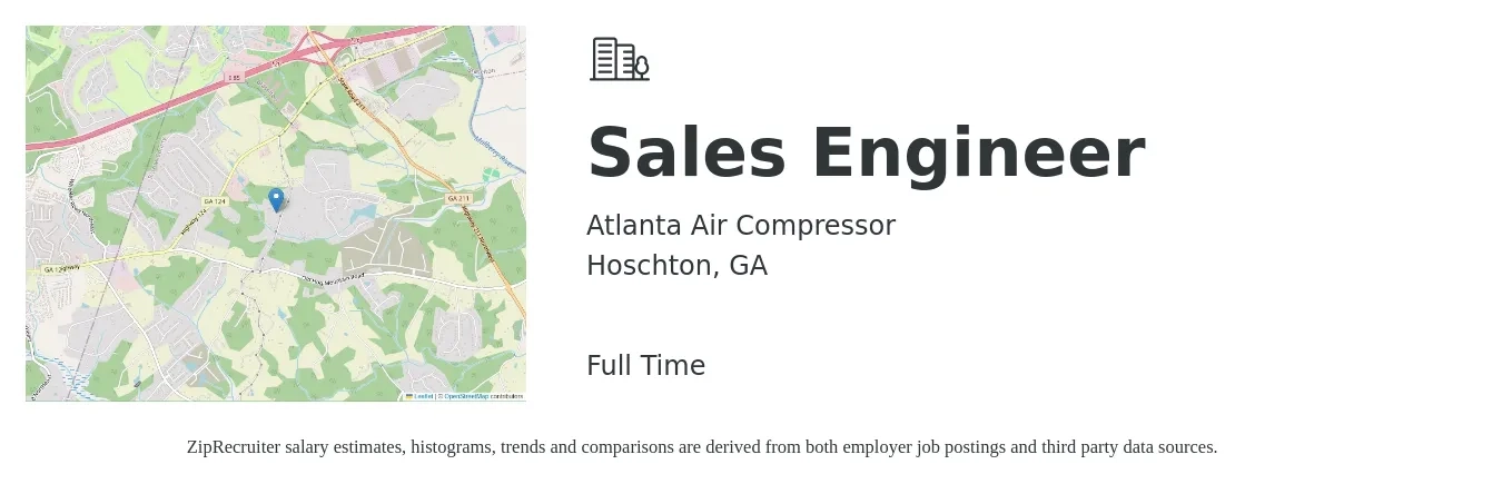 Atlanta Air Compressor job posting for a Sales Engineer in Hoschton, GA with a salary of $60,000 to $80,000 Yearly with a map of Hoschton location.