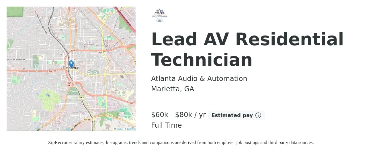Atlanta Audio & Automation job posting for a Lead AV Residential Technician in Marietta, GA with a salary of $60,000 to $80,000 Yearly with a map of Marietta location.