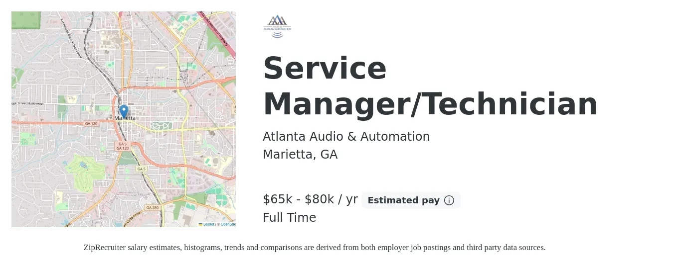 Atlanta Audio & Automation job posting for a Service Manager/Technician in Marietta, GA with a salary of $65,000 to $80,000 Yearly with a map of Marietta location.