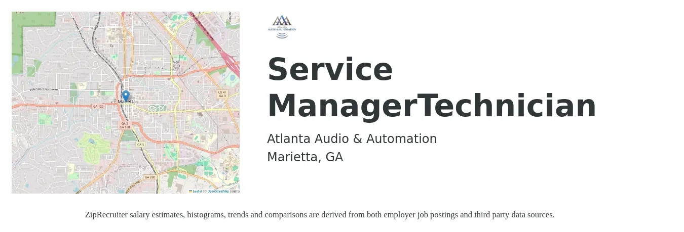 Atlanta Audio & Automation job posting for a Service ManagerTechnician in Marietta, GA with a salary of $16 to $21 Hourly with a map of Marietta location.