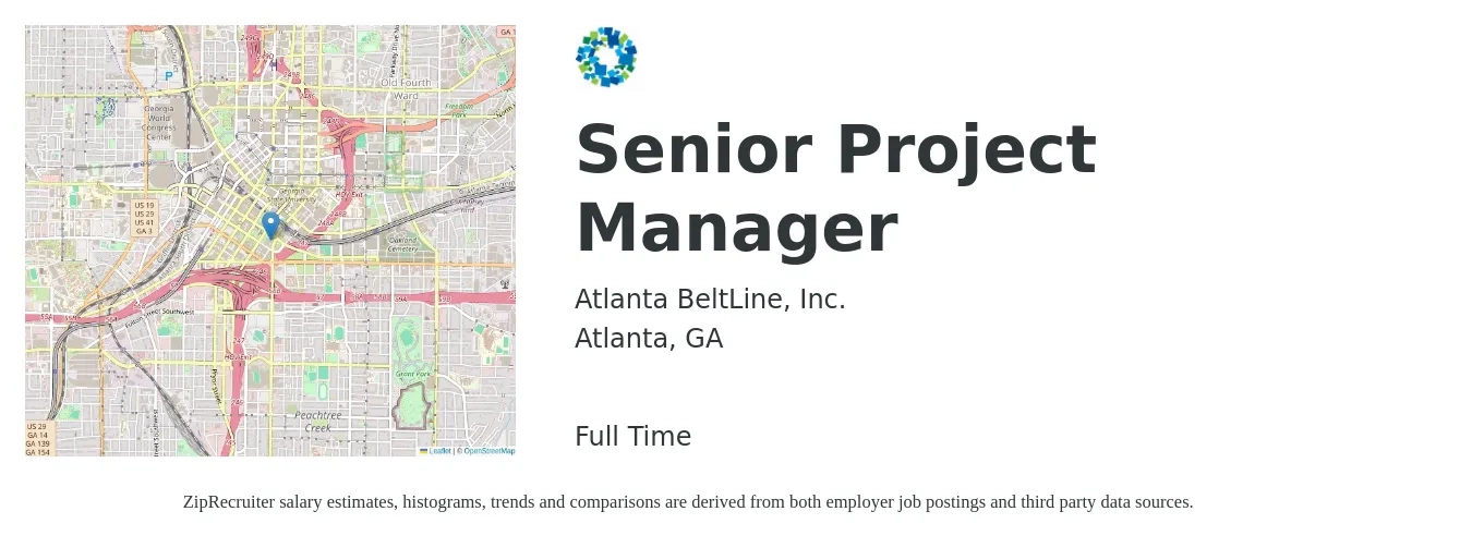 Atlanta BeltLine, Inc. job posting for a Senior Project Manager in Atlanta, GA with a salary of $99,500 to $140,400 Yearly with a map of Atlanta location.