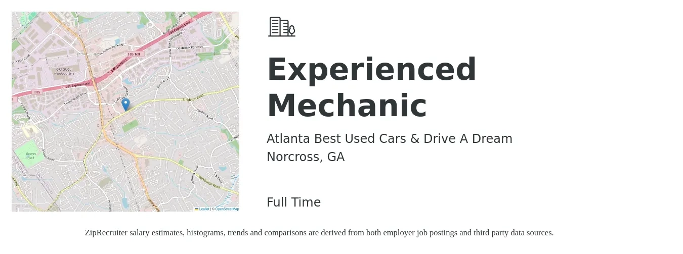 Atlanta Best Used Cars & Drive A Dream job posting for a Experienced Mechanic in Norcross, GA with a salary of $20 to $29 Hourly with a map of Norcross location.