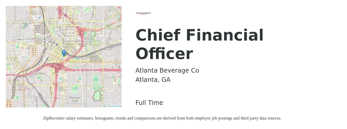 Atlanta Beverage Co job posting for a Chief Financial Officer in Atlanta, GA with a salary of $135,600 to $384,700 Yearly with a map of Atlanta location.