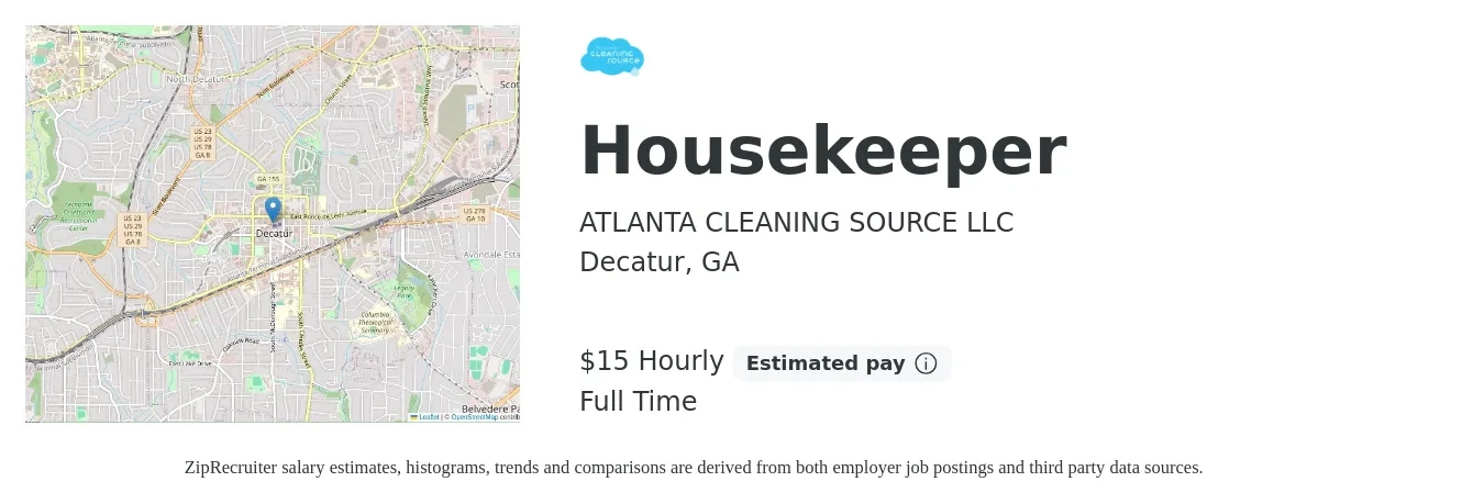 ATLANTA CLEANING SOURCE LLC job posting for a Housekeeper in Decatur, GA with a salary of $16 Hourly with a map of Decatur location.