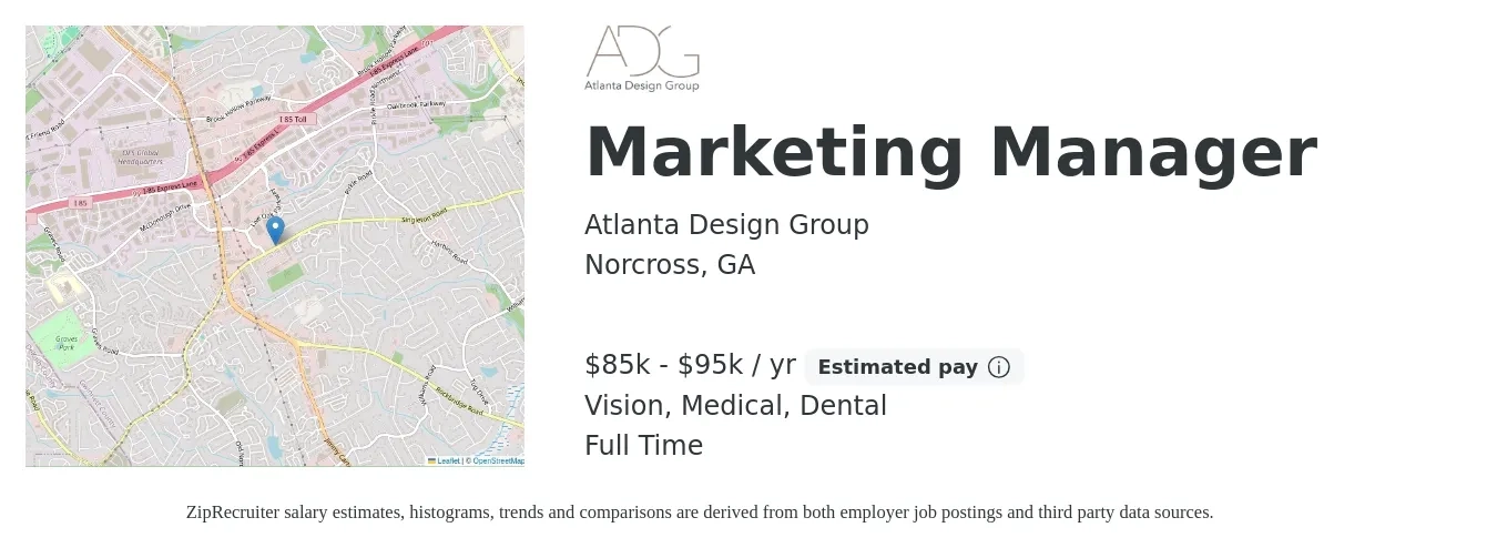 Atlanta Design Group job posting for a Marketing Manager in Norcross, GA with a salary of $85,000 to $95,000 Yearly and benefits including dental, medical, retirement, and vision with a map of Norcross location.