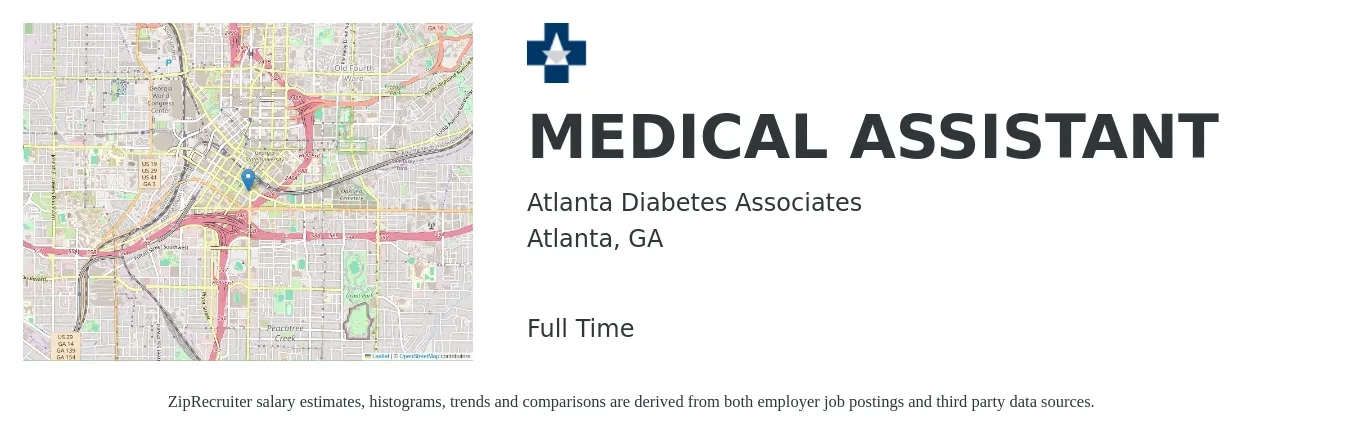Atlanta Diabetes Associates job posting for a MEDICAL ASSISTANT in Atlanta, GA with a salary of $17 to $22 Hourly with a map of Atlanta location.