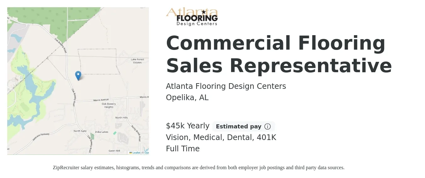 Atlanta Flooring Design Centers job posting for a Commercial Flooring Sales Representative in Opelika, AL with a salary of $45,000 Yearly (plus commission) and benefits including 401k, dental, life_insurance, medical, and vision with a map of Opelika location.