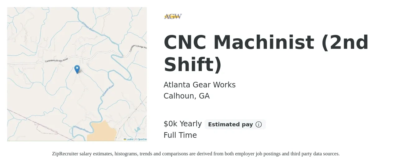 Atlanta Gear Works job posting for a CNC Machinist (2nd Shift) in Calhoun, GA with a salary of $22 to $29 Yearly with a map of Calhoun location.