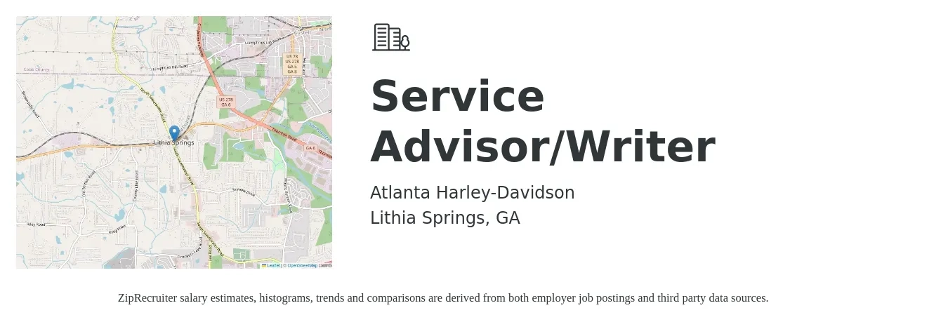 Atlanta Harley-Davidson job posting for a Service Advisor/Writer in Lithia Springs, GA with a salary of $17 to $26 Hourly with a map of Lithia Springs location.