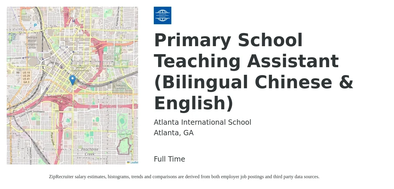 Atlanta International School job posting for a Primary School Teaching Assistant (Bilingual Chinese & English) in Atlanta, GA with a salary of $28,400 to $40,900 Yearly with a map of Atlanta location.