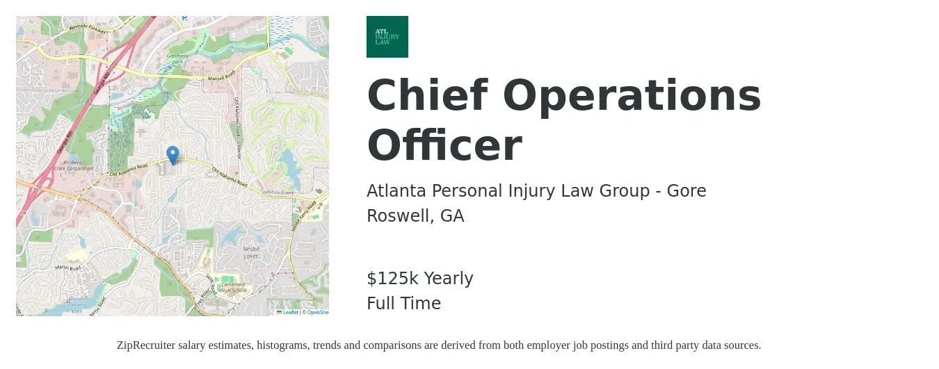 Atlanta Personal Injury Law Group - Gore job posting for a Chief Operations Officer in Roswell, GA with a salary of $125,000 Yearly with a map of Roswell location.