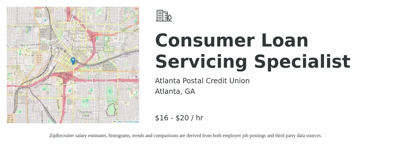 Atlanta Postal Credit Union job posting for a Consumer Loan Servicing Specialist in Atlanta, GA with a salary of $17 to $22 Hourly with a map of Atlanta location.