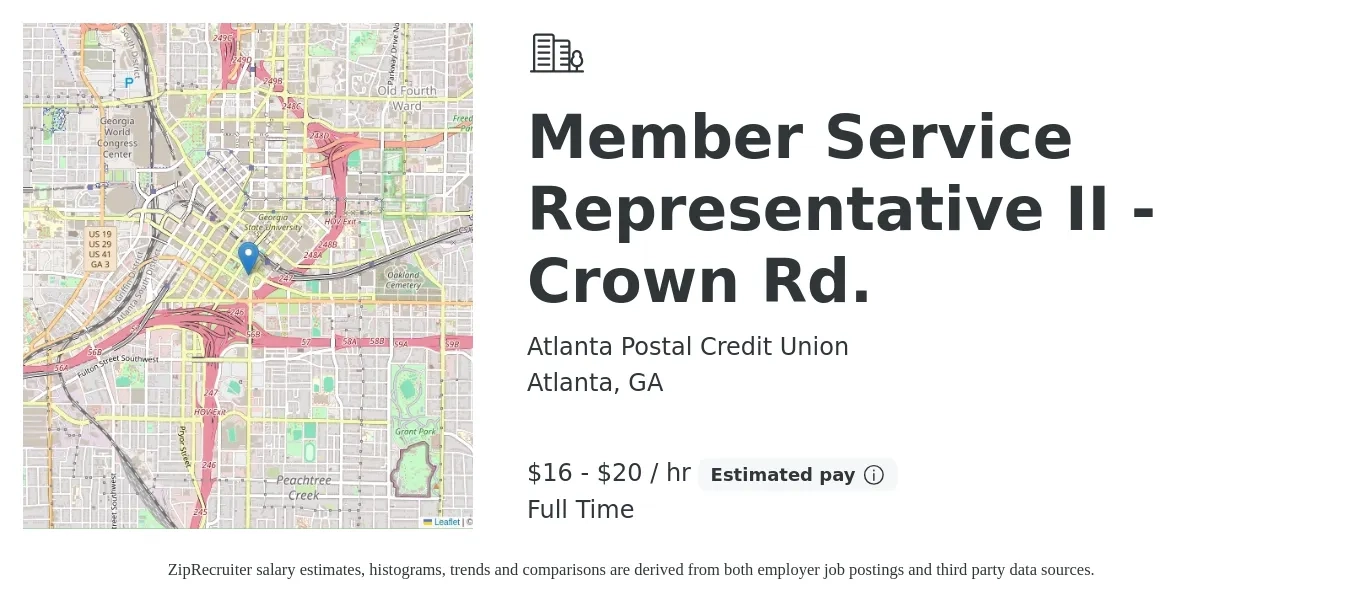 Atlanta Postal Credit Union job posting for a Member Service Representative II - Crown Rd. in Atlanta, GA with a salary of $17 to $22 Hourly with a map of Atlanta location.
