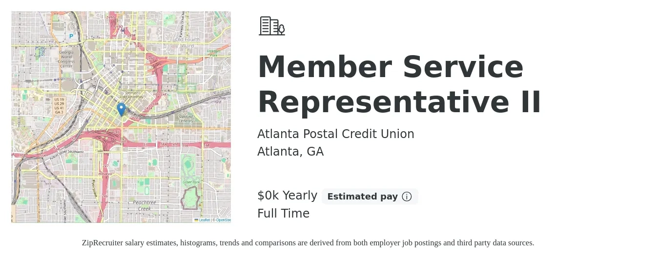 Atlanta Postal Credit Union job posting for a Member Service Representative II in Atlanta, GA with a salary of $17 to $22 Yearly with a map of Atlanta location.