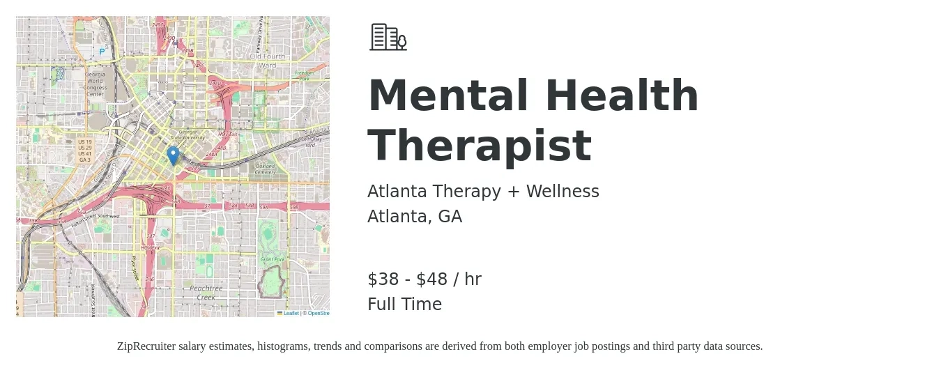Atlanta Therapy + Wellness job posting for a Mental Health Therapist in Atlanta, GA with a salary of $40 to $50 Hourly with a map of Atlanta location.