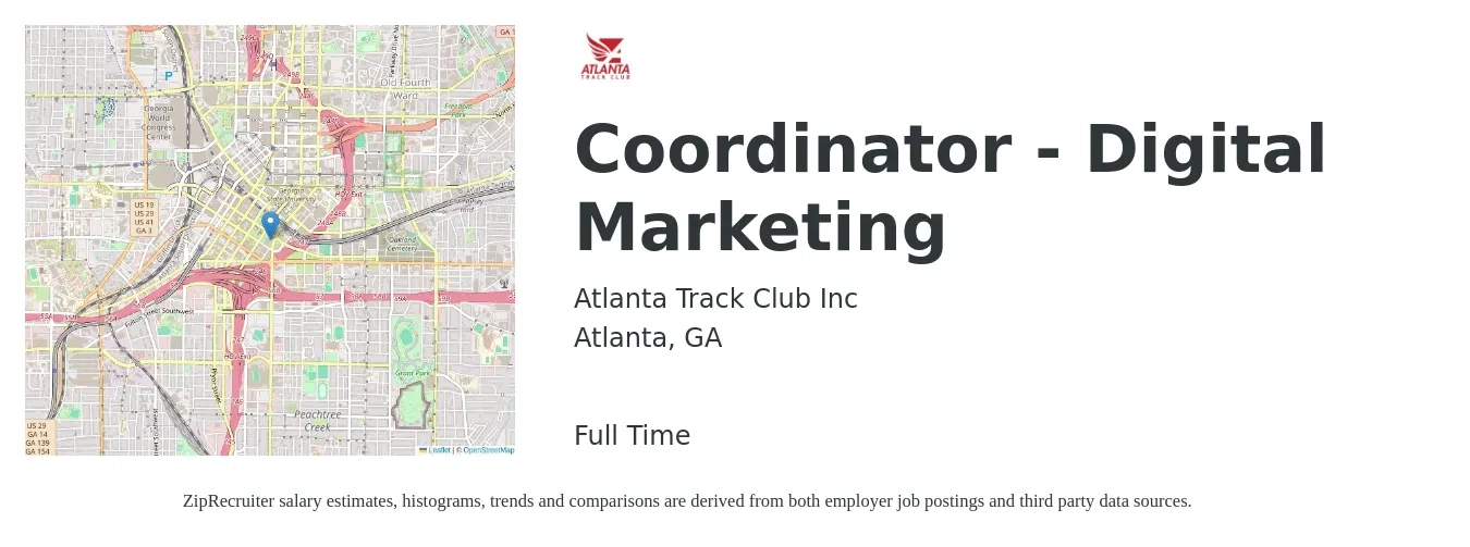 Atlanta Track Club Inc job posting for a Coordinator - Digital Marketing in Atlanta, GA with a salary of $42,800 to $56,300 Yearly with a map of Atlanta location.