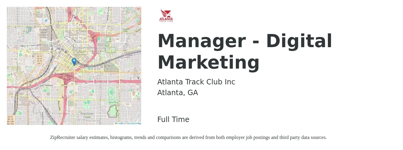 Atlanta Track Club Inc job posting for a Manager - Digital Marketing in Atlanta, GA with a salary of $65,900 to $96,200 Yearly with a map of Atlanta location.