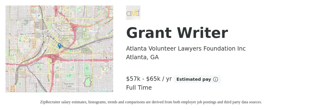 Atlanta Volunteer Lawyers Foundation Inc job posting for a Grant Writer in Atlanta, GA with a salary of $57,500 to $65,000 Yearly with a map of Atlanta location.