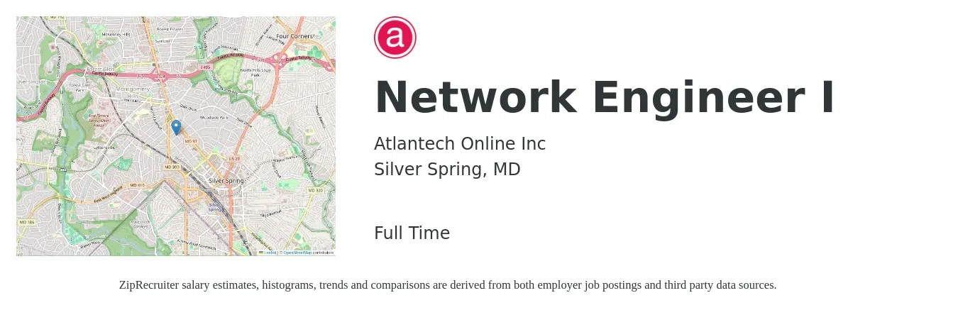 Atlantech Online Inc job posting for a Network Engineer I in Silver Spring, MD with a salary of $60,000 to $75,000 Yearly with a map of Silver Spring location.