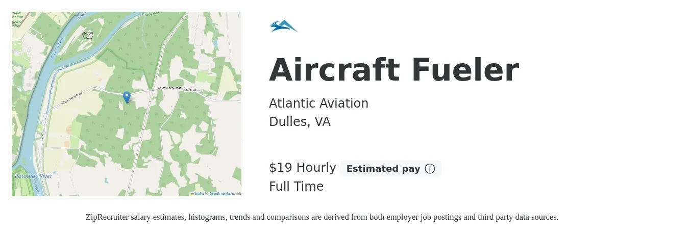 Atlantic Aviation job posting for a Aircraft Fueler in Dulles, VA with a salary of $20 Hourly with a map of Dulles location.