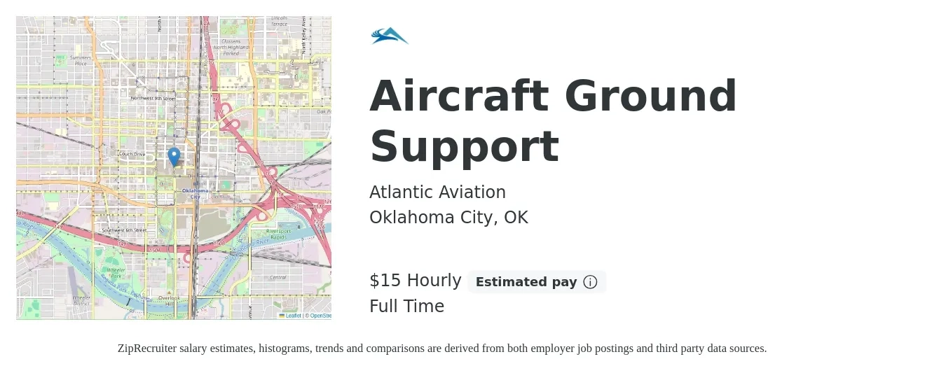 Atlantic Aviation job posting for a Aircraft Ground Support in Oklahoma City, OK with a salary of $16 Hourly with a map of Oklahoma City location.