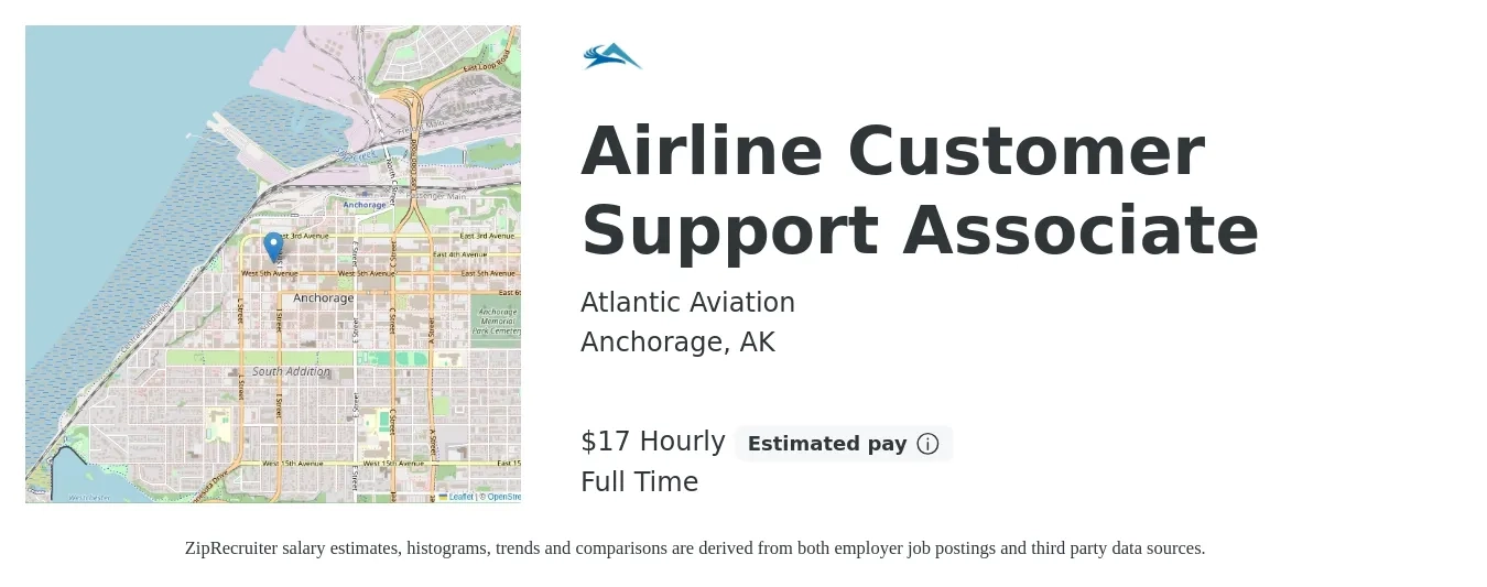 Atlantic Aviation job posting for a Airline Customer Support Associate in Anchorage, AK with a salary of $18 Hourly with a map of Anchorage location.
